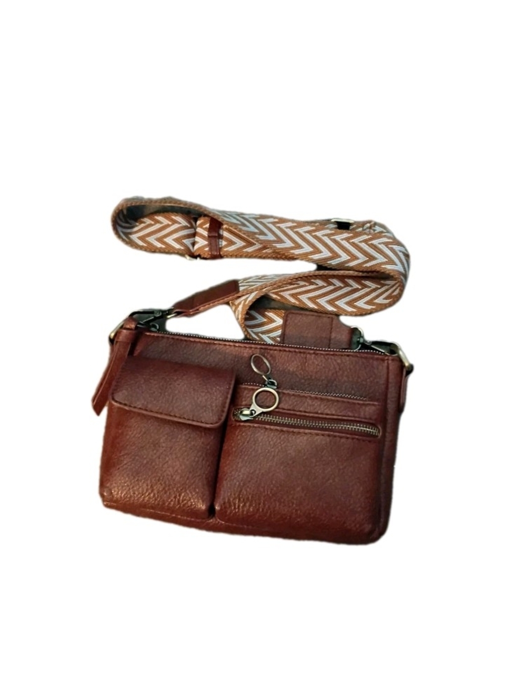 Leather Crossbody Bag with Chevron Strap - Brown